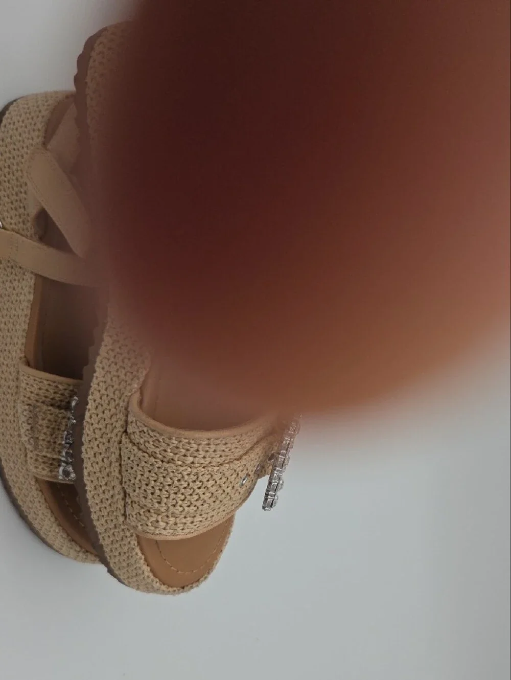 #026 Beige Raffia Platform Sandals with Crystal Buckles